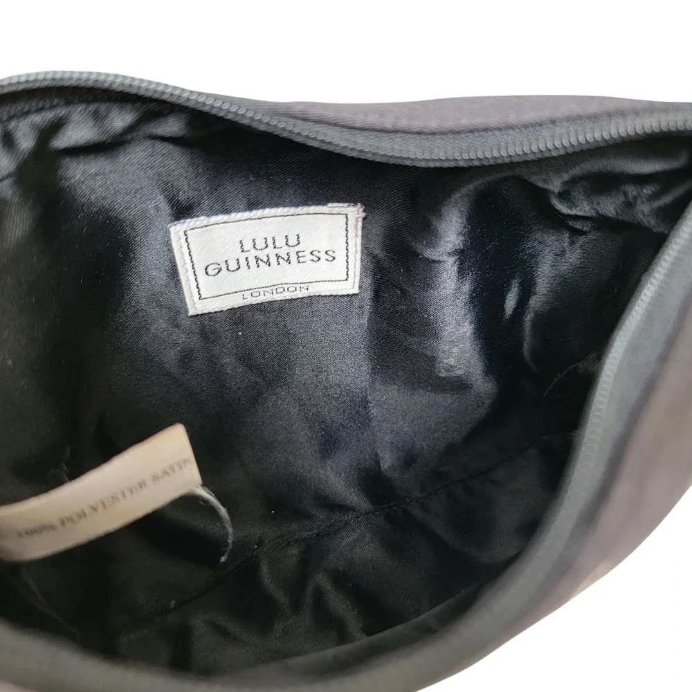 Lulu Guinness Black Satin Cosmetic Bag Embroidered Lipstick Glamour Girl Vintage